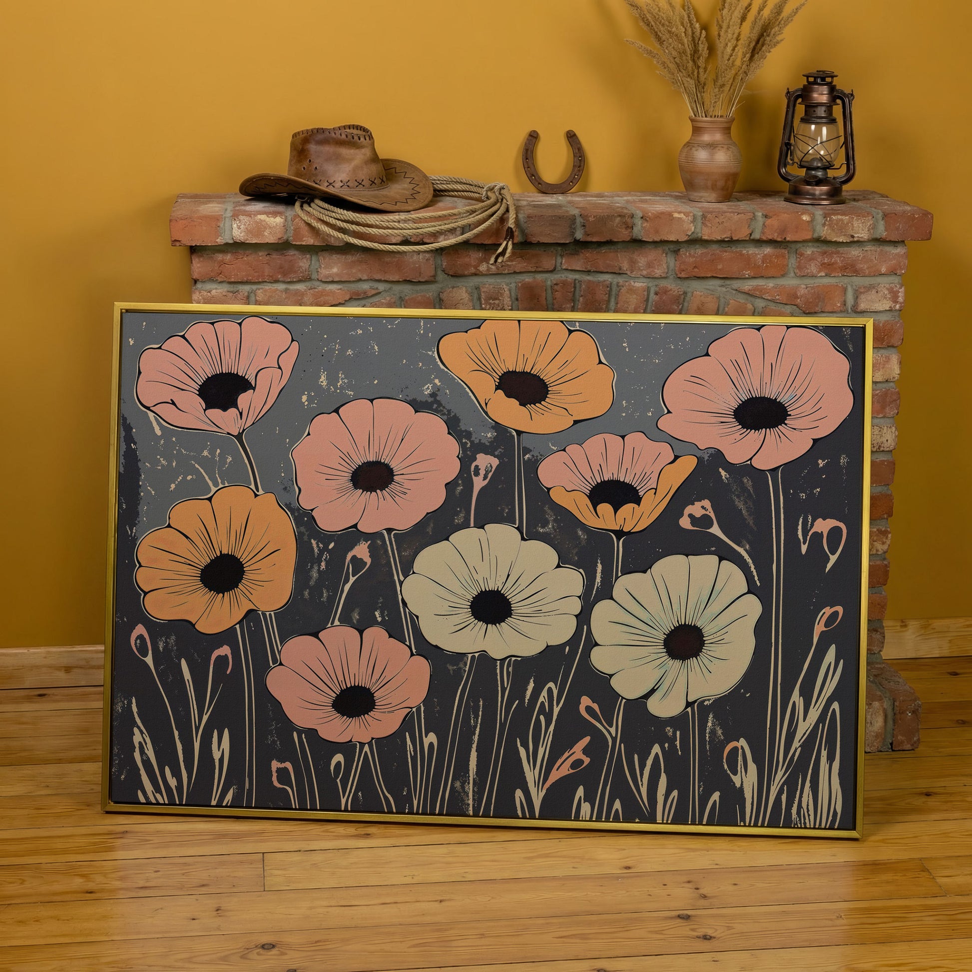 Vintage Pastel Flowers on Gray Canvas in yellow gold floating frame