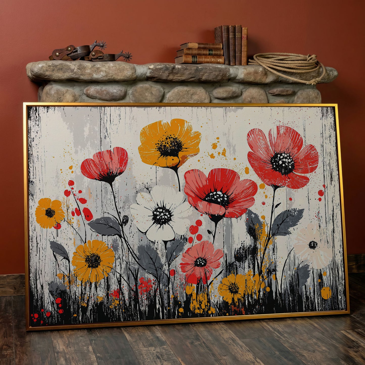 Abstract Poppy Canvas Print in Crimson and Mustard in antique gold floating frame