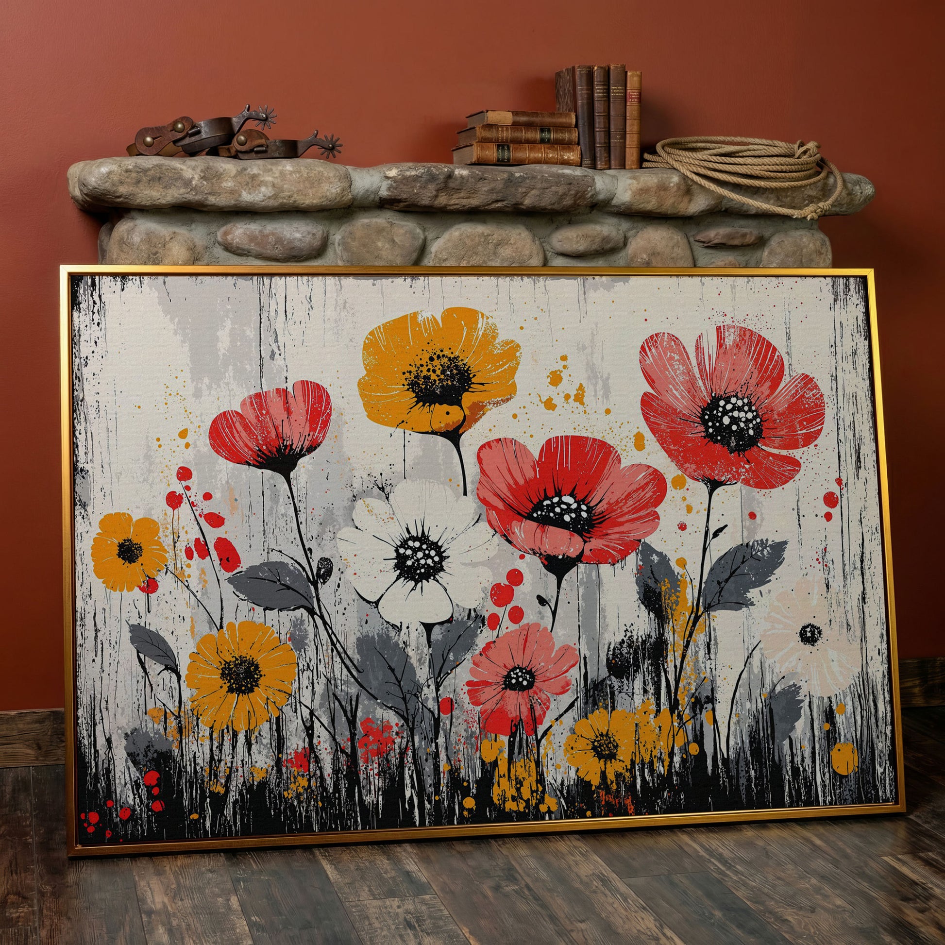 Abstract Poppy Canvas Print in Crimson and Mustard in antique gold floating frame