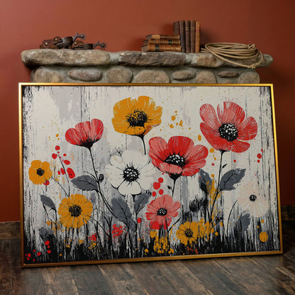 Abstract Poppy Canvas Print in Crimson and Mustard in antique gold floating frame