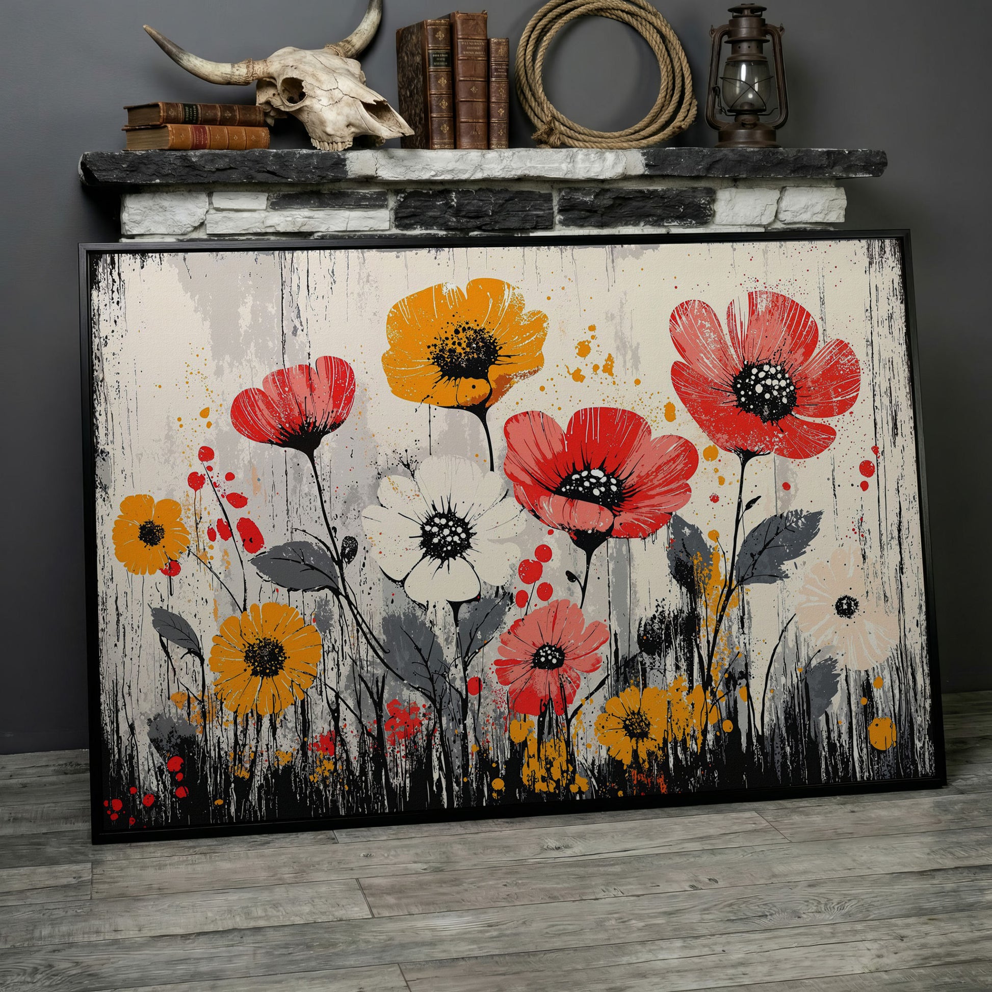 Abstract Poppy Canvas Print in Crimson and Mustard in black floating frame