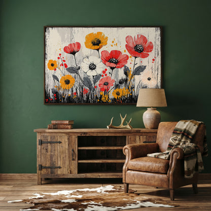 Abstract Poppy Canvas Print in Crimson and Mustard in dark walnut floating frame