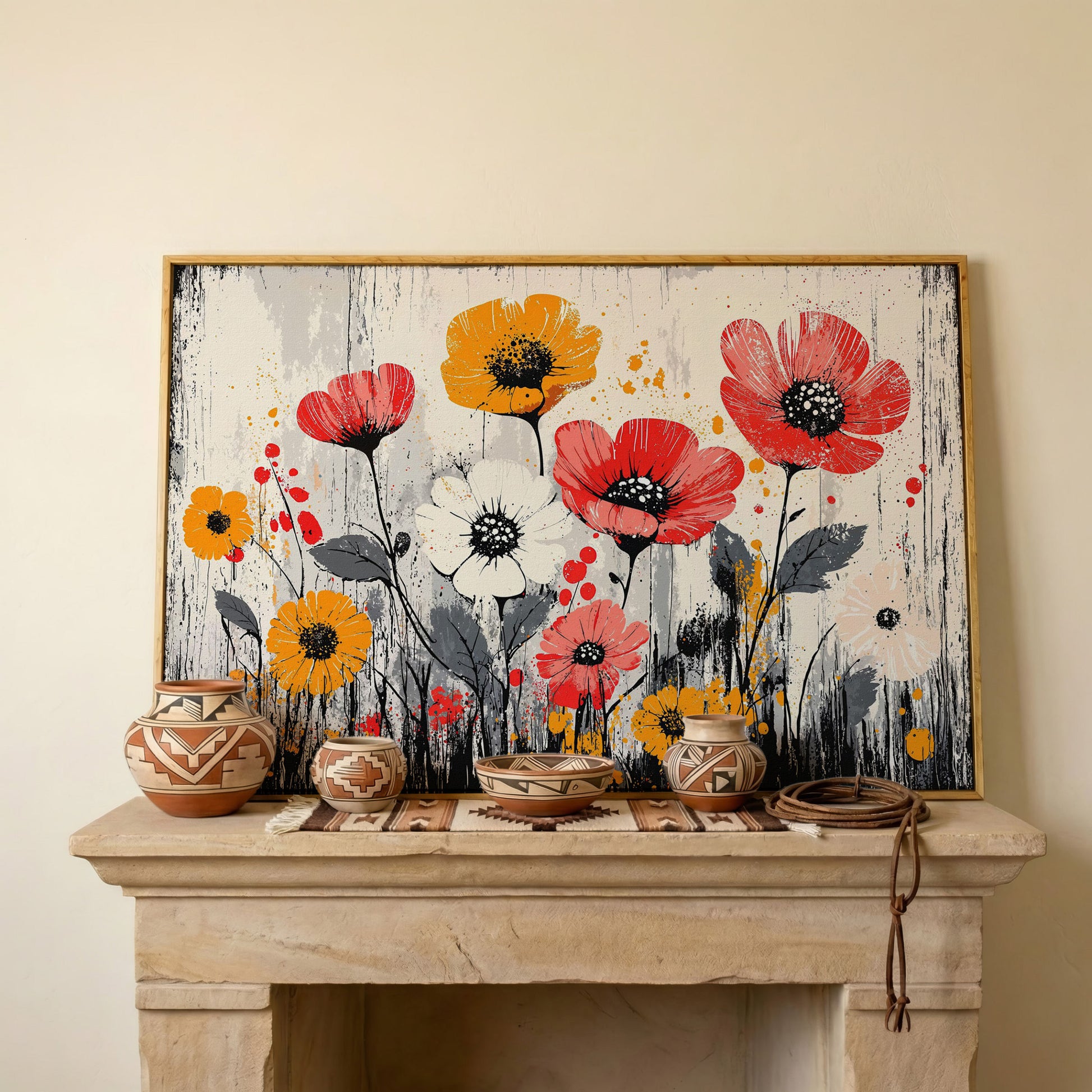Abstract Poppy Canvas Print in Crimson and Mustard in white oak floating frame
