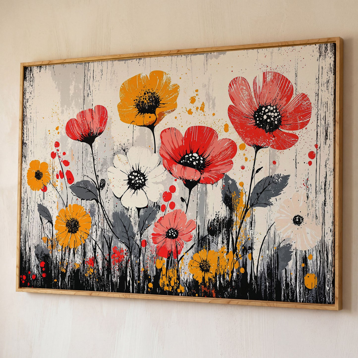 Abstract Poppy Canvas Print in Crimson and Mustard shown in white oak floating frame