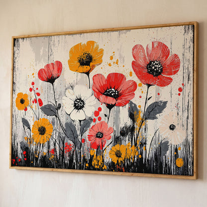 Abstract Poppy Canvas Print in Crimson and Mustard shown in white oak floating frame