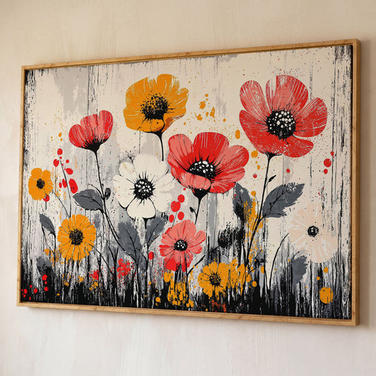 Abstract Poppy Canvas Print in Crimson and Mustard shown in white oak floating frame