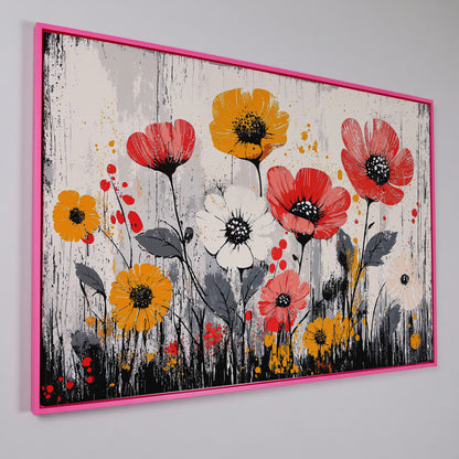 Abstract Poppy Canvas Print in Crimson and Mustard in pink floating frame
