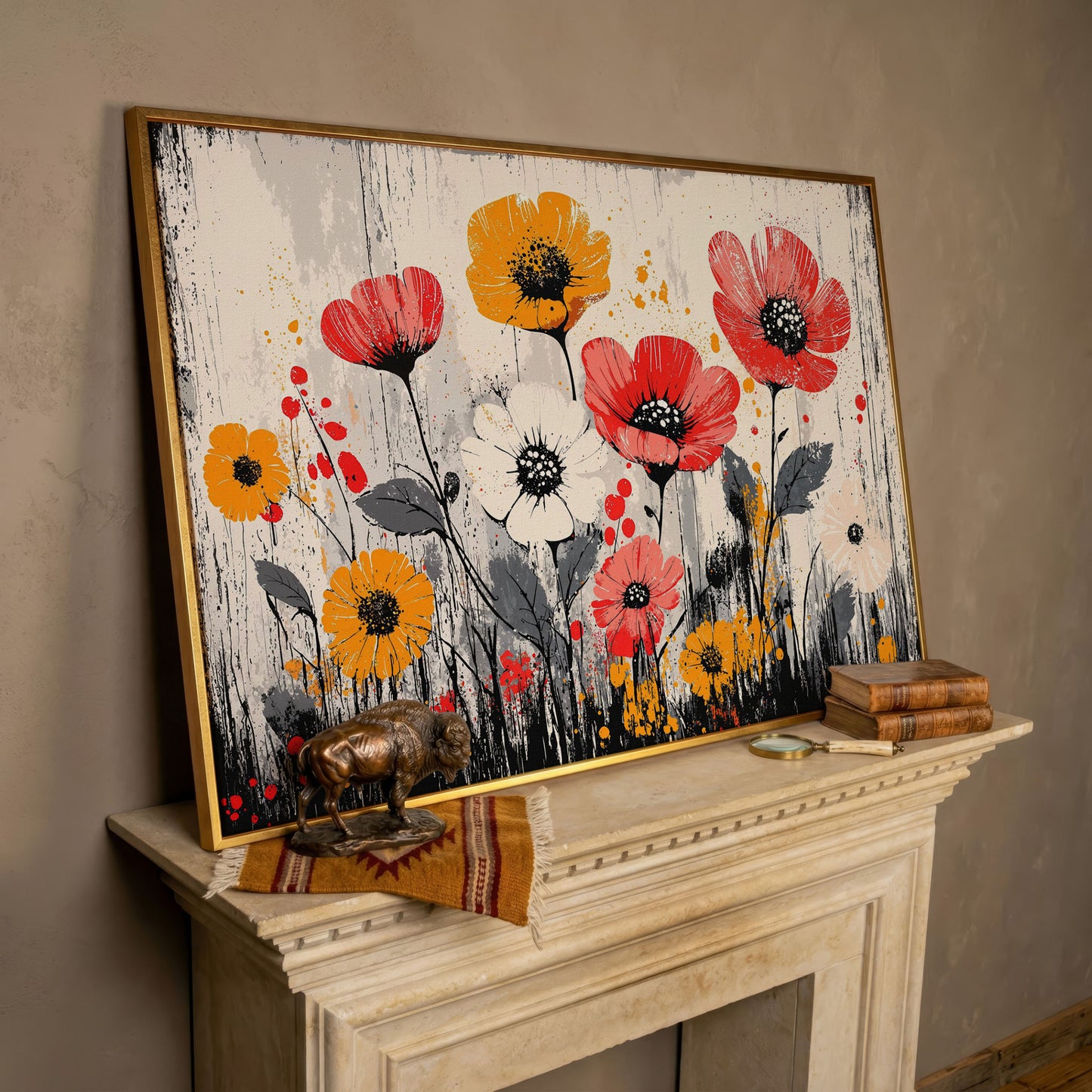 Abstract Poppy Canvas Print in Crimson and Mustard in rose gold floating frame