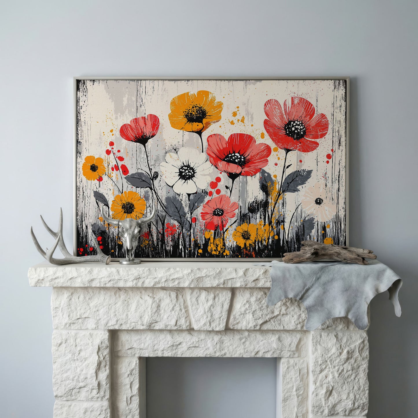 Abstract Poppy Canvas Print in Crimson and Mustard in silver floating frame