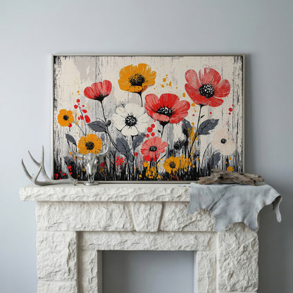 Abstract Poppy Canvas Print in Crimson and Mustard in silver floating frame