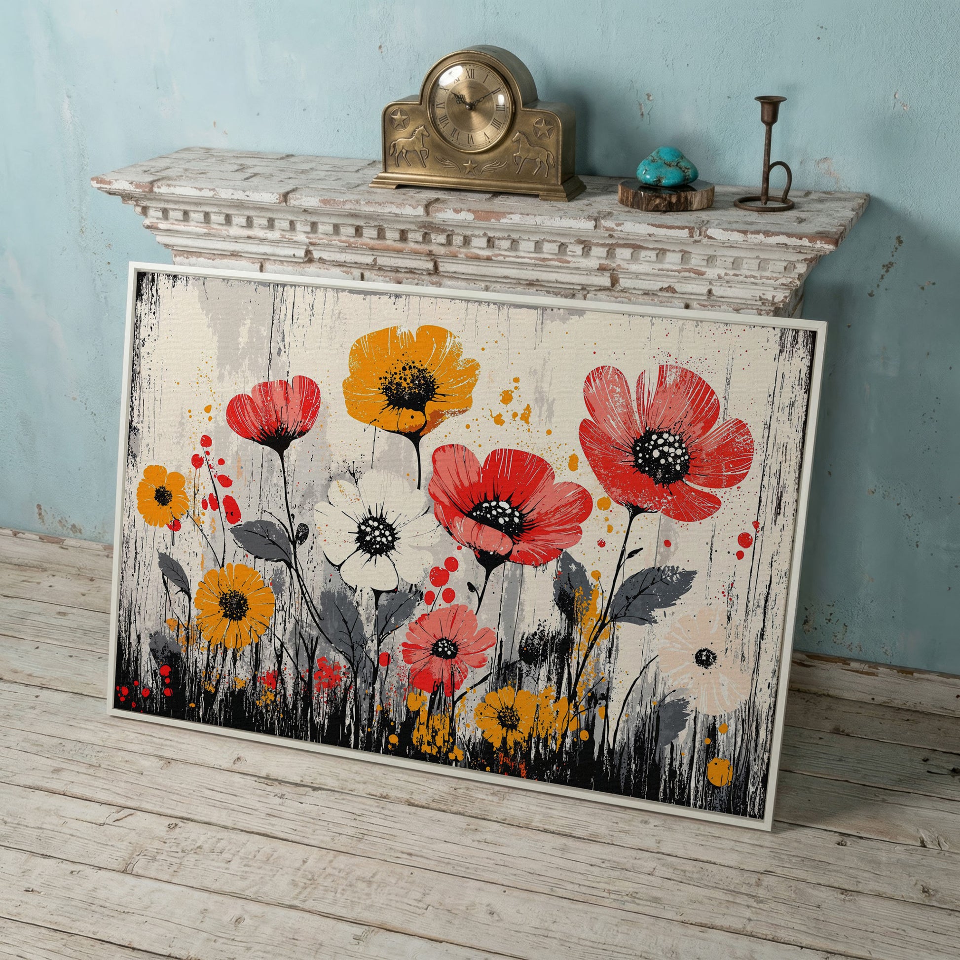 Abstract Poppy Canvas Print in Crimson and Mustard in white floating frame