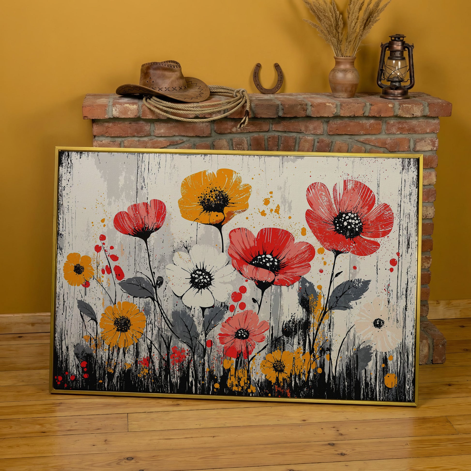 Abstract Poppy Canvas Print in Crimson and Mustard in yellow gold floating frame