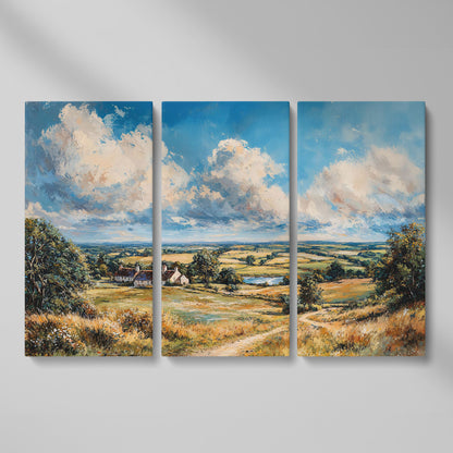 Pastoral Landscape with Country Cottages Canvas as 3-panel split version