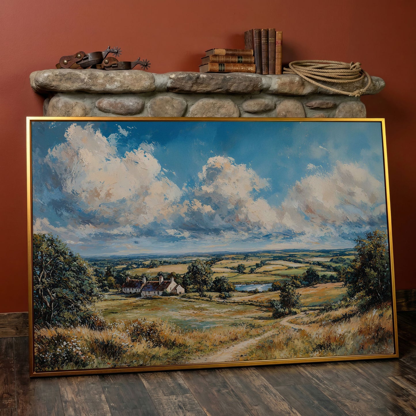 Pastoral Landscape with Country Cottages Canvas in antique gold floating frame