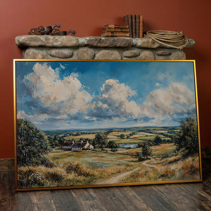 Pastoral Landscape with Country Cottages Canvas in antique gold floating frame