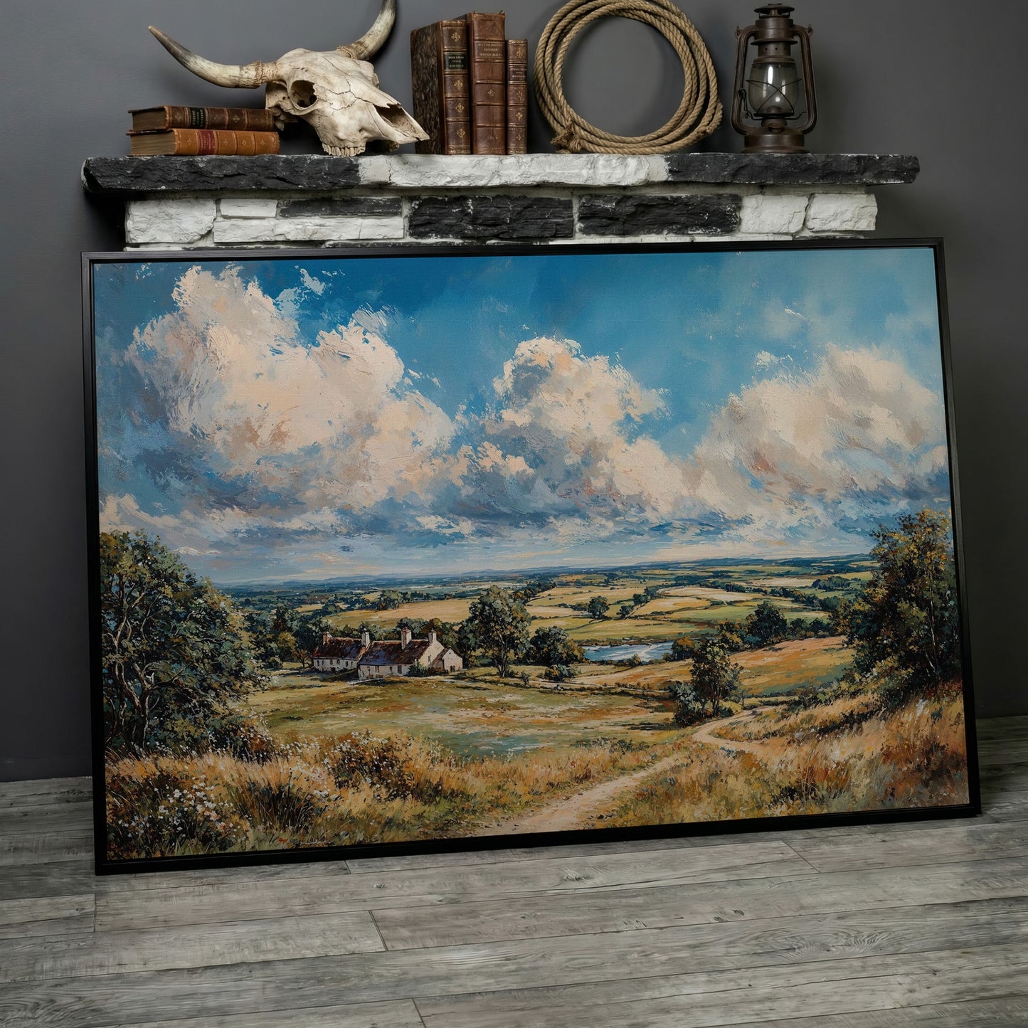 Pastoral Landscape with Country Cottages Canvas in black floating frame