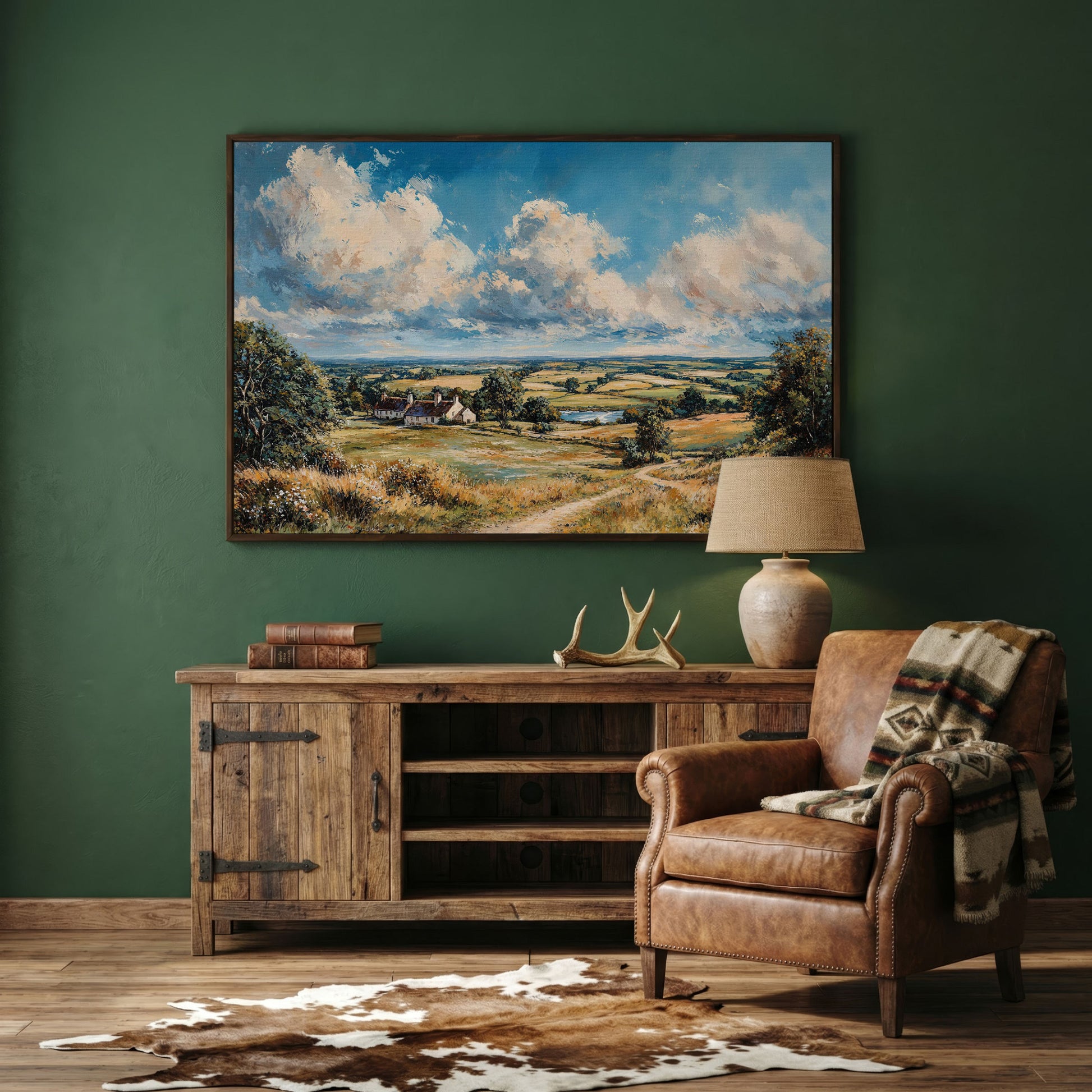 Pastoral Landscape with Country Cottages Canvas in dark walnut floating frame