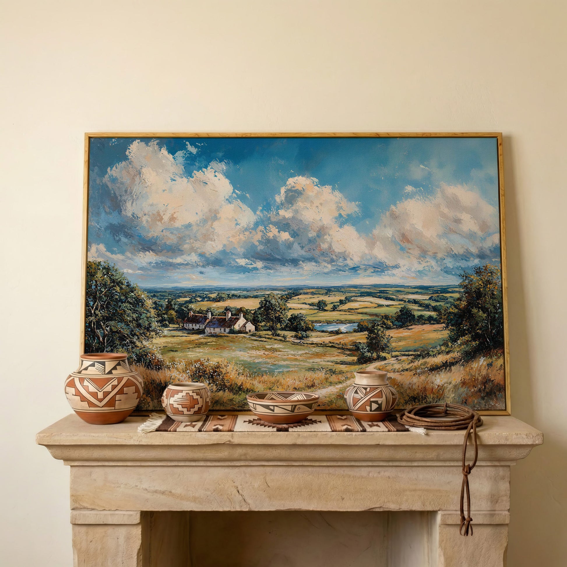 Pastoral Landscape with Country Cottages Canvas in white oak floating frame