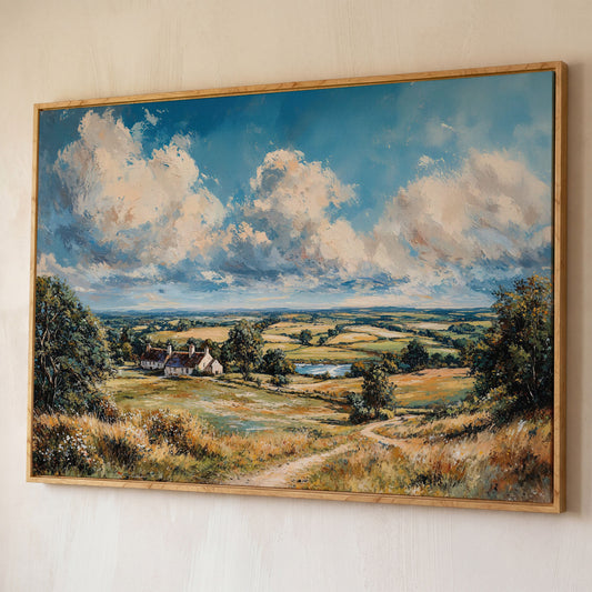 Pastoral Landscape with Country Cottages Canvas shown in white oak floating frame