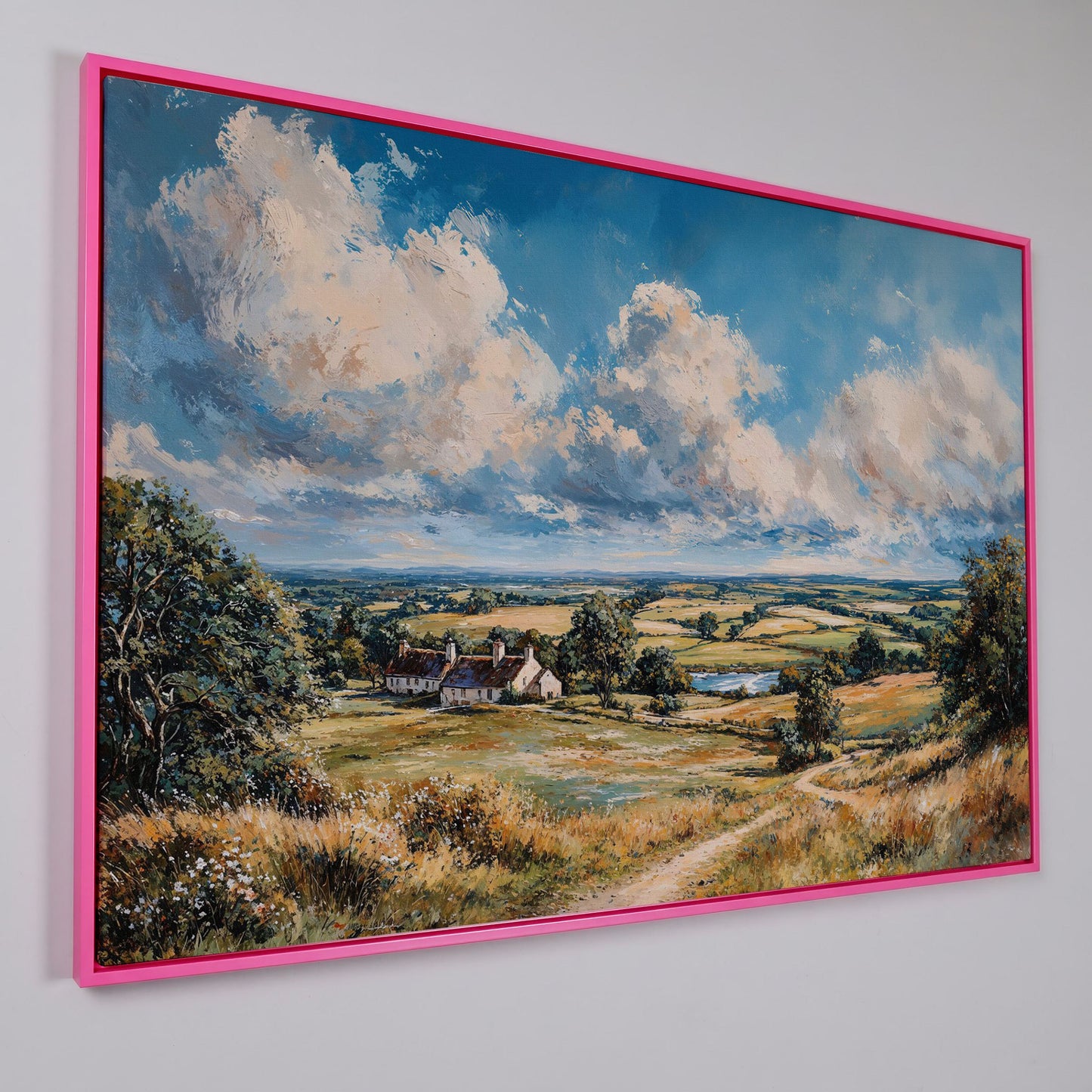 Pastoral Landscape with Country Cottages Canvas in pink floating frame