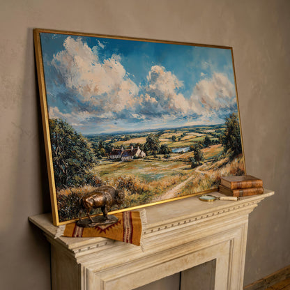 Pastoral Landscape with Country Cottages Canvas in rose gold floating frame