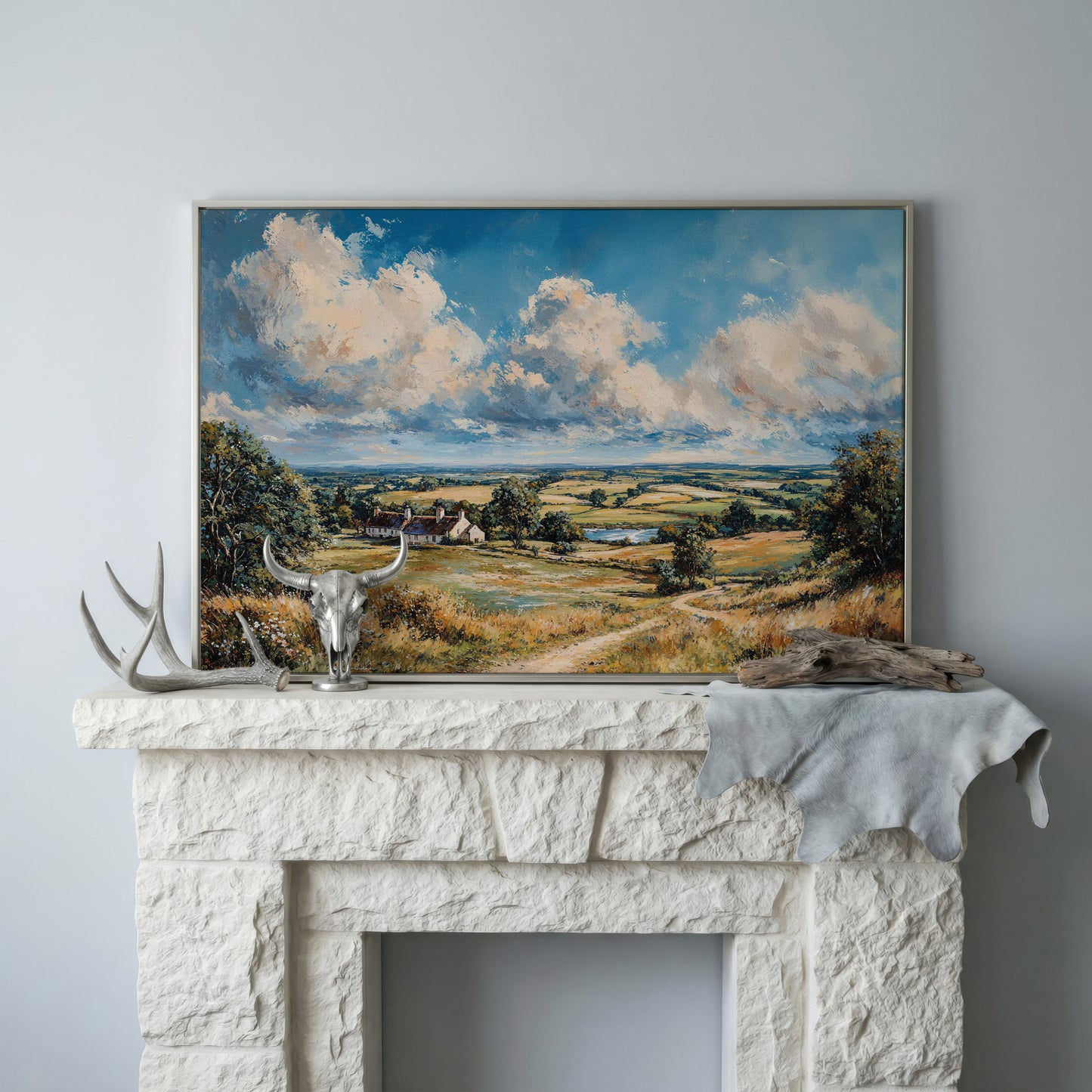 Pastoral Landscape with Country Cottages Canvas in silver floating frame