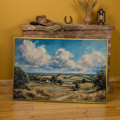Pastoral Landscape with Country Cottages Canvas in yellow gold floating frame