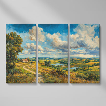 Rolling Hills Farmhouse Canvas Print in Olive and Cerulean as 3-panel split version