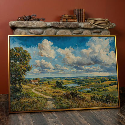 Rolling Hills Farmhouse Canvas Print in Olive and Cerulean in antique gold floating frame
