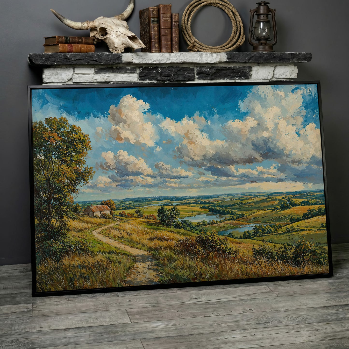 Rolling Hills Farmhouse Canvas Print in Olive and Cerulean in black floating frame