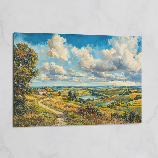 Rolling Hills Farmhouse Canvas Print in Olive and Cerulean on gallery wrap