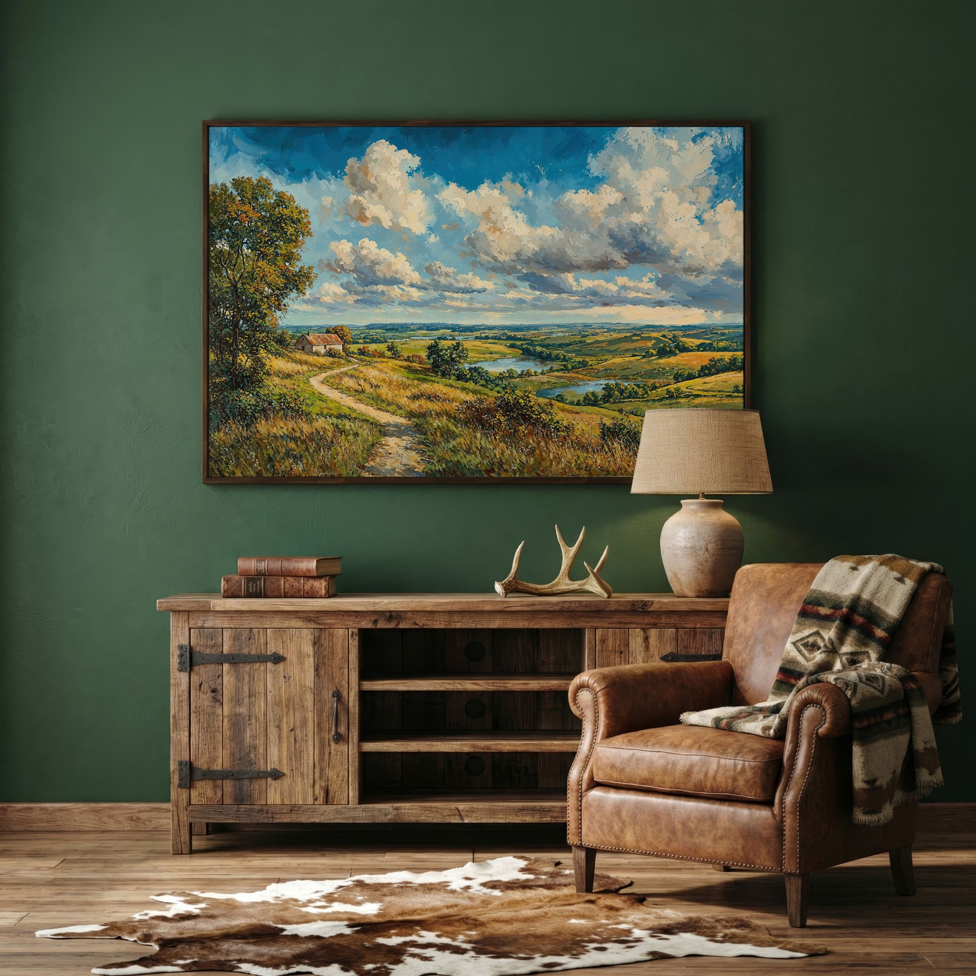 Rolling Hills Farmhouse Canvas Print in Olive and Cerulean in dark walnut floating frame