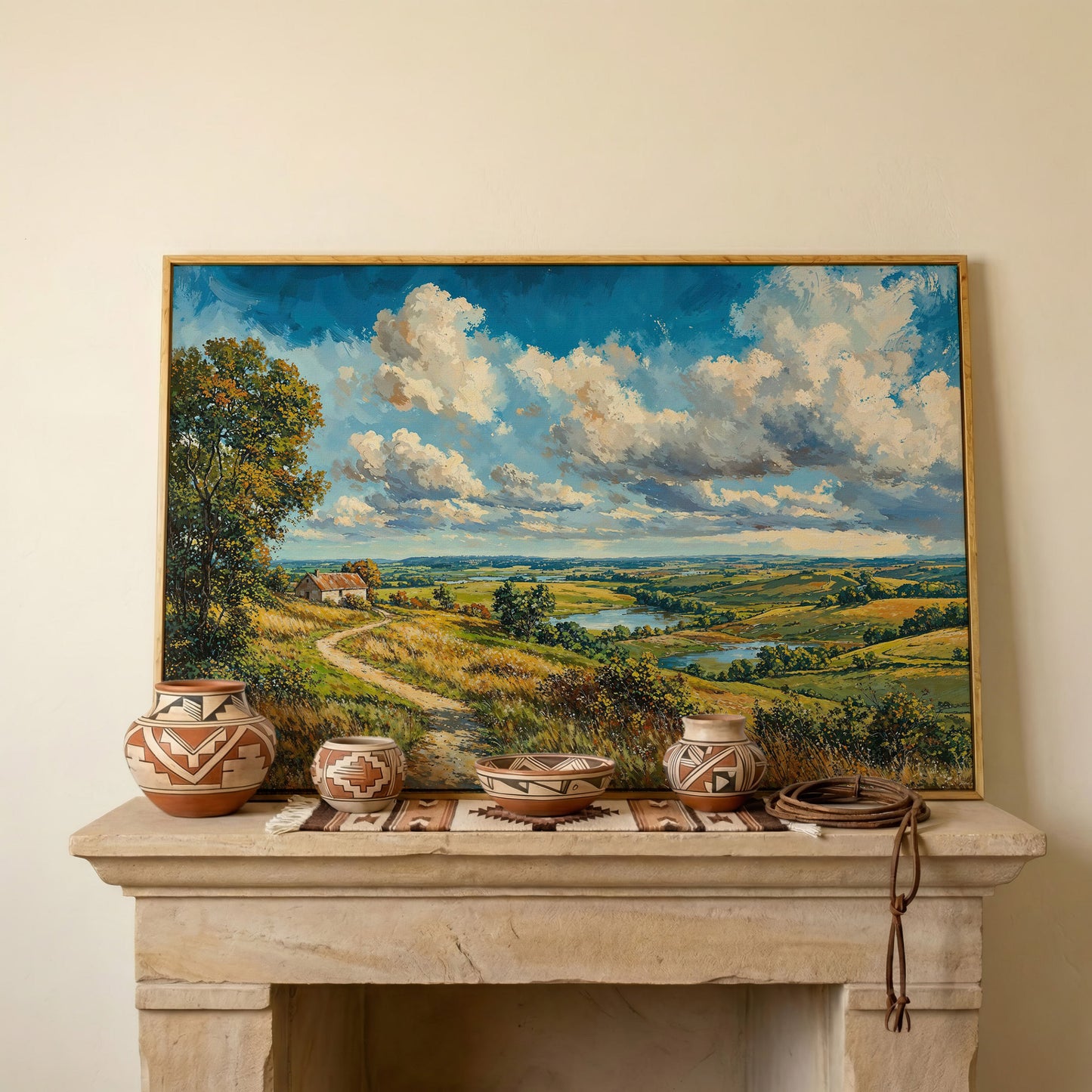 Rolling Hills Farmhouse Canvas Print in Olive and Cerulean in white oak floating frame