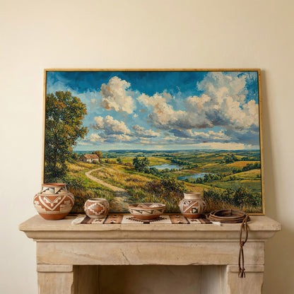 Rolling Hills Farmhouse Canvas Print in Olive and Cerulean in white oak floating frame
