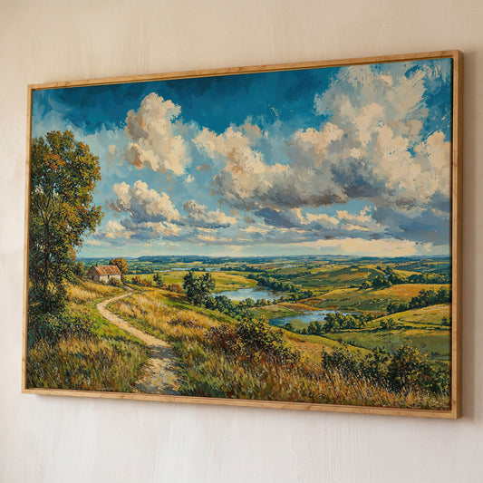 Rolling Hills Farmhouse Canvas Print in Olive and Cerulean shown in white oak floating frame
