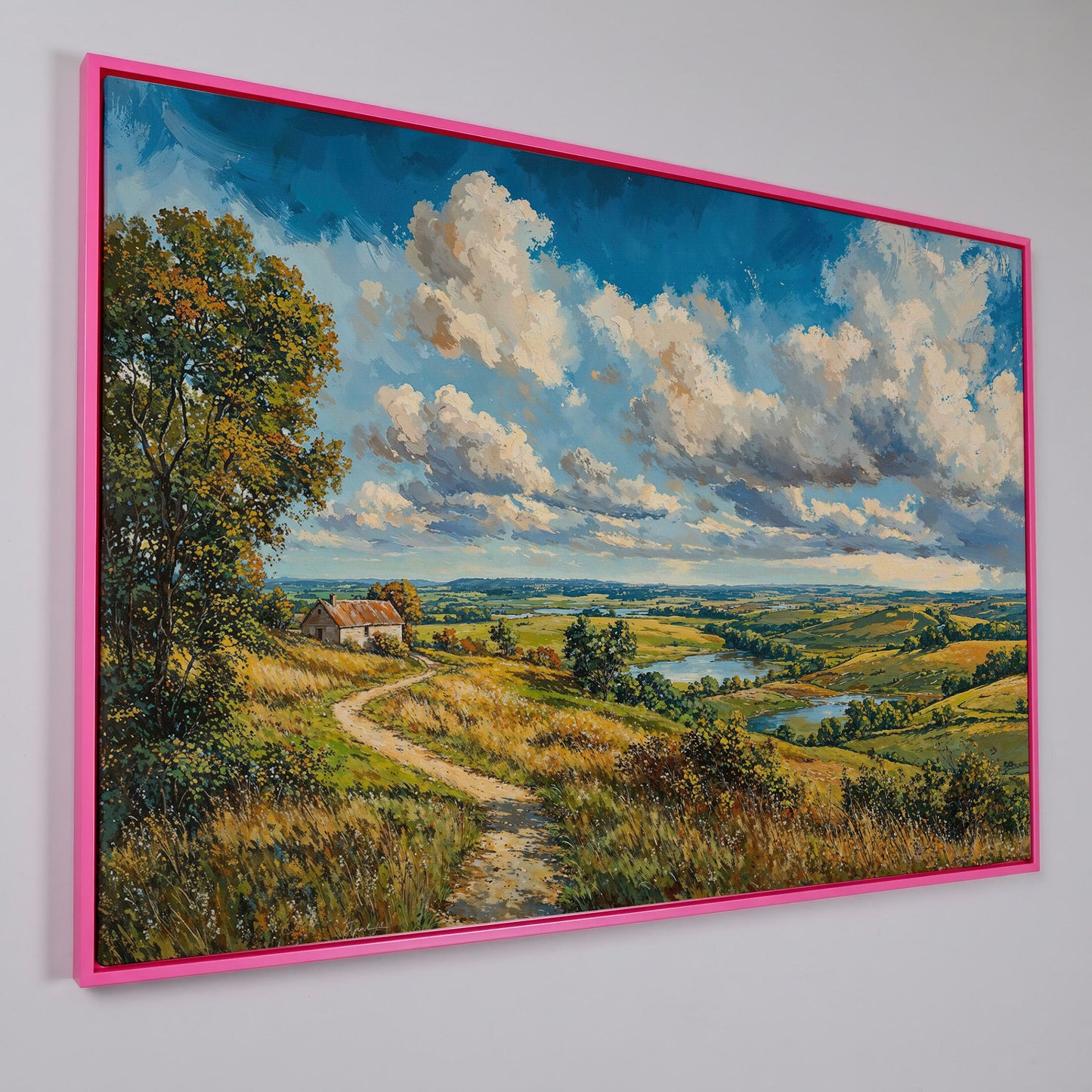 Rolling Hills Farmhouse Canvas Print in Olive and Cerulean in pink floating frame