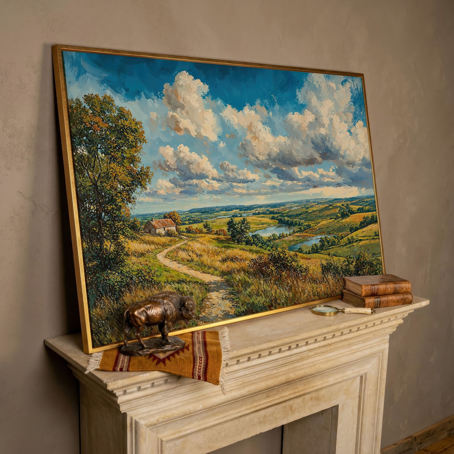 Rolling Hills Farmhouse Canvas Print in Olive and Cerulean in rose gold floating frame