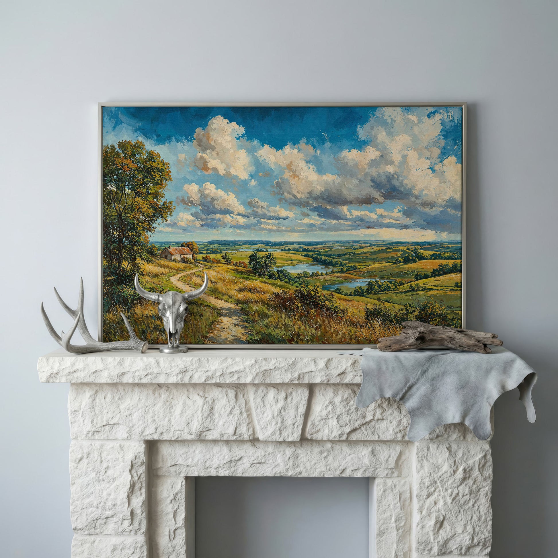 Rolling Hills Farmhouse Canvas Print in Olive and Cerulean in silver floating frame