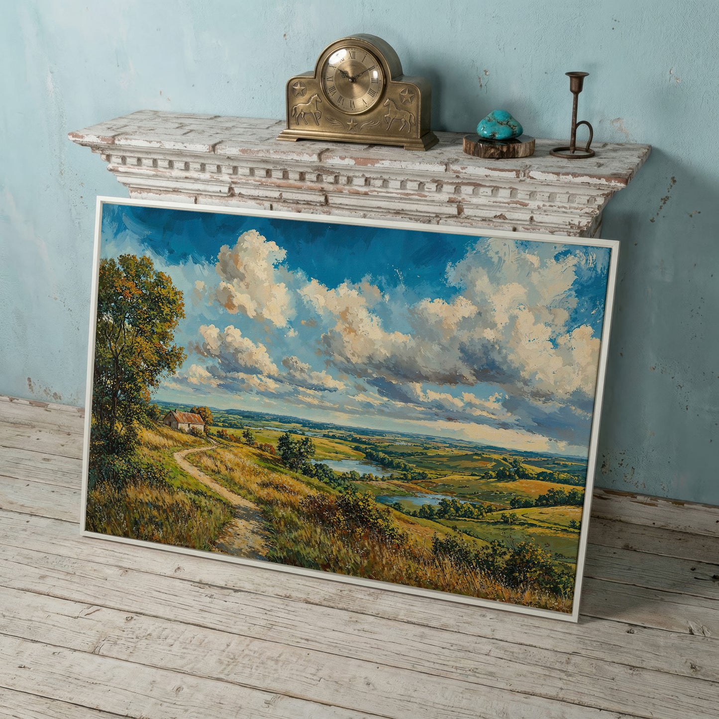 Rolling Hills Farmhouse Canvas Print in Olive and Cerulean in white floating frame