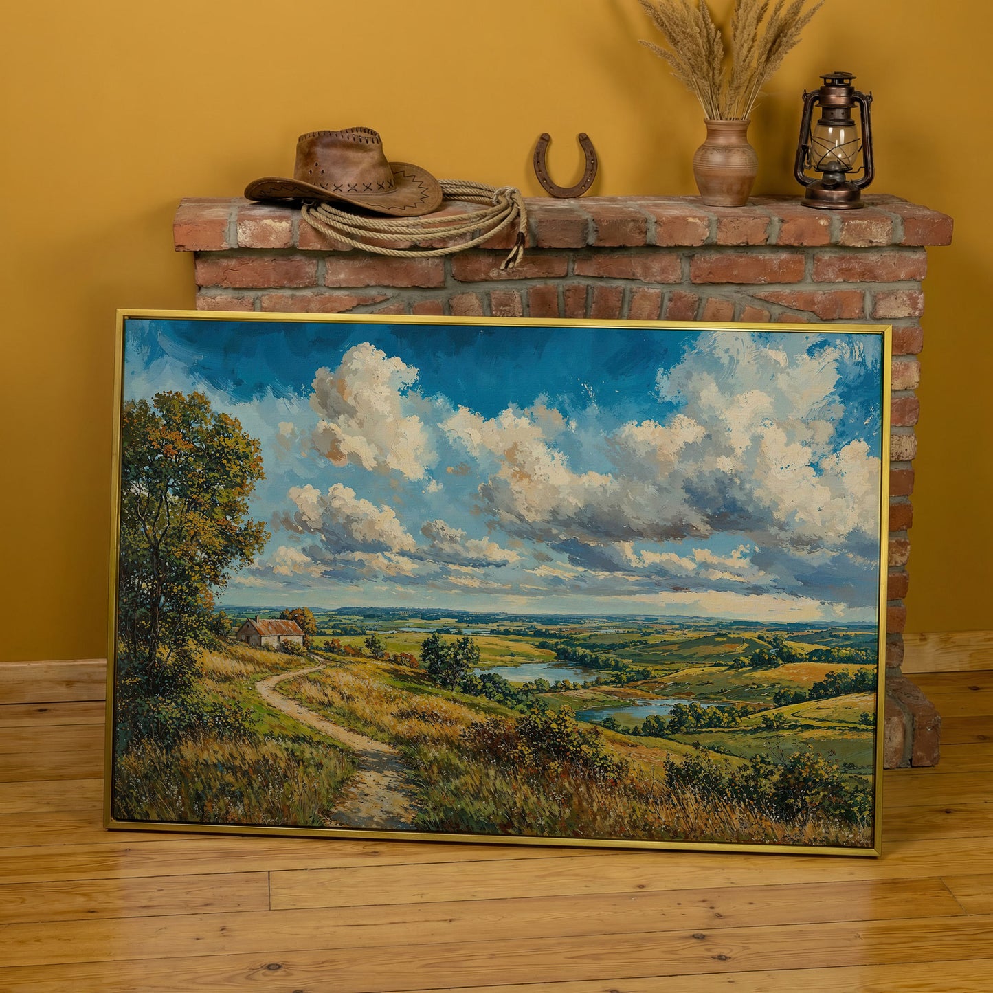 Rolling Hills Farmhouse Canvas Print in Olive and Cerulean in yellow gold floating frame