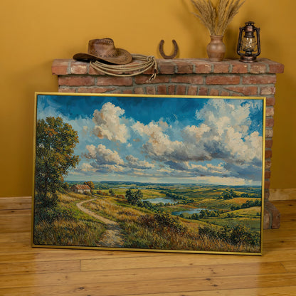 Rolling Hills Farmhouse Canvas Print in Olive and Cerulean in yellow gold floating frame