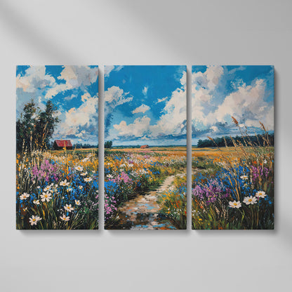 Wildflower Field Canvas with Cerulean Sky as 3-panel split version