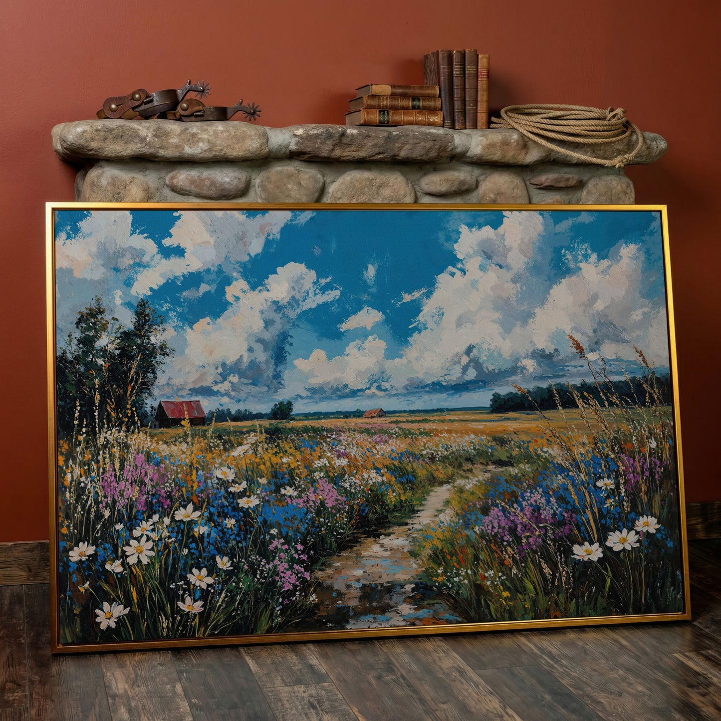 Wildflower Field Canvas with Cerulean Sky in antique gold floating frame