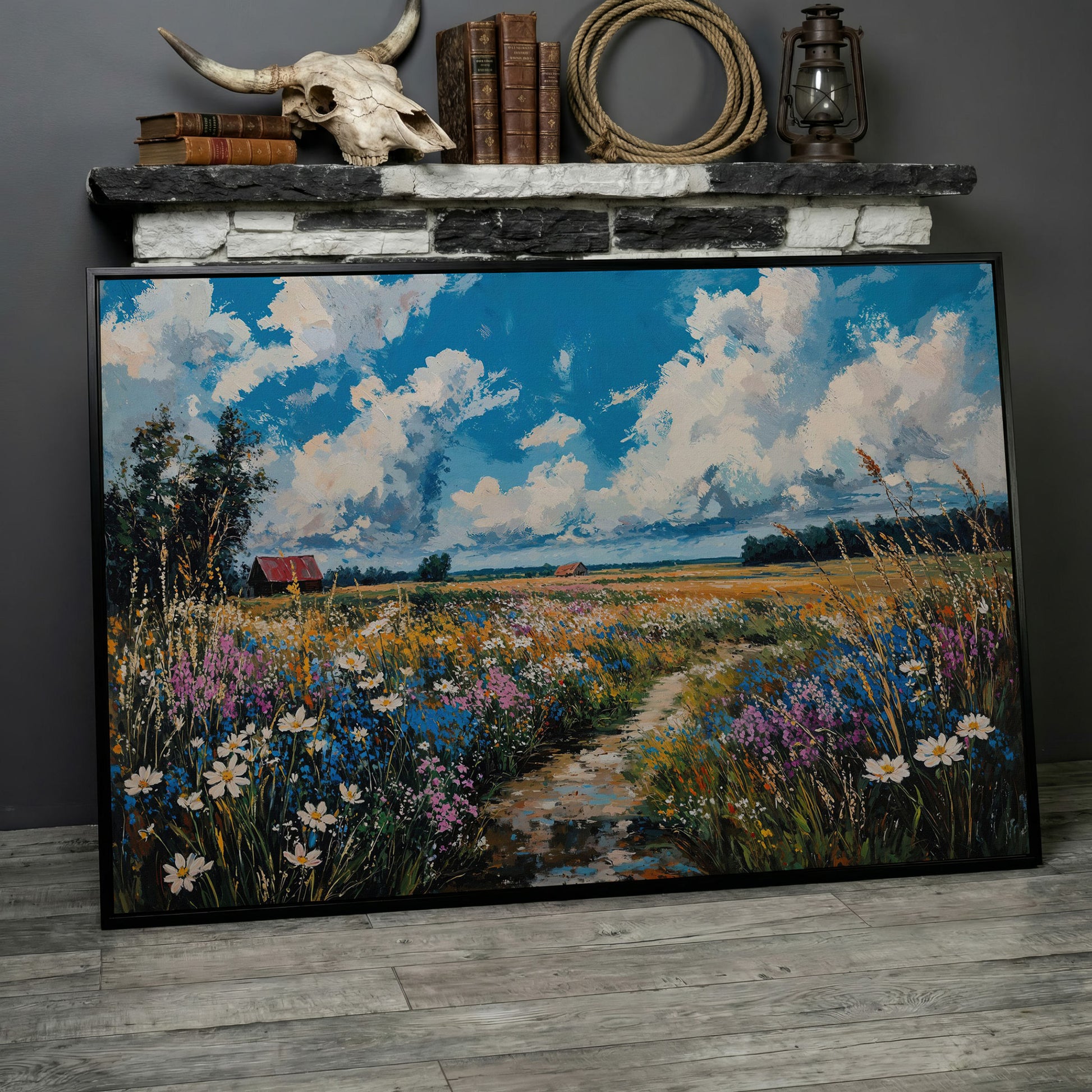 Wildflower Field Canvas with Cerulean Sky in black floating frame