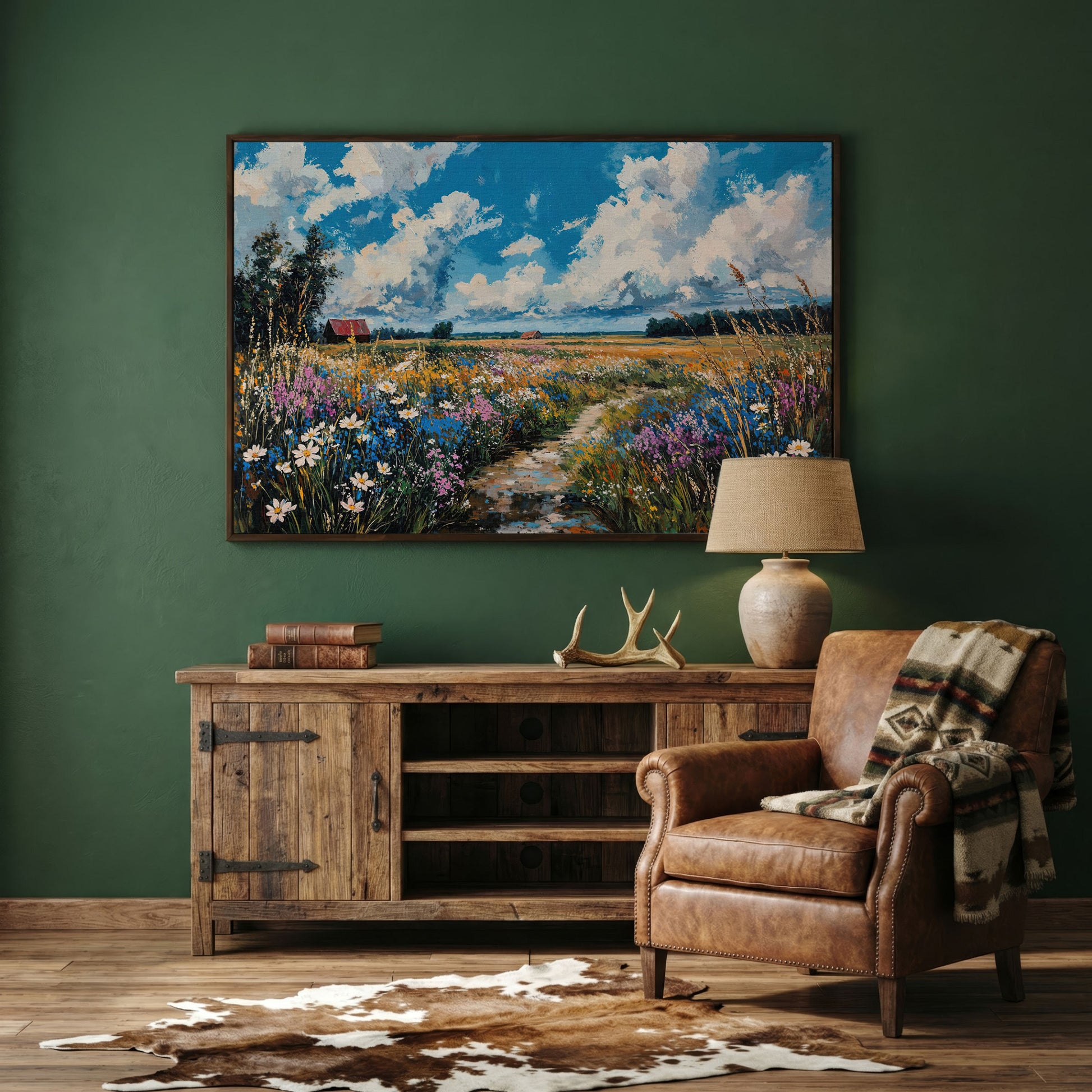 Wildflower Field Canvas with Cerulean Sky in dark walnut floating frame