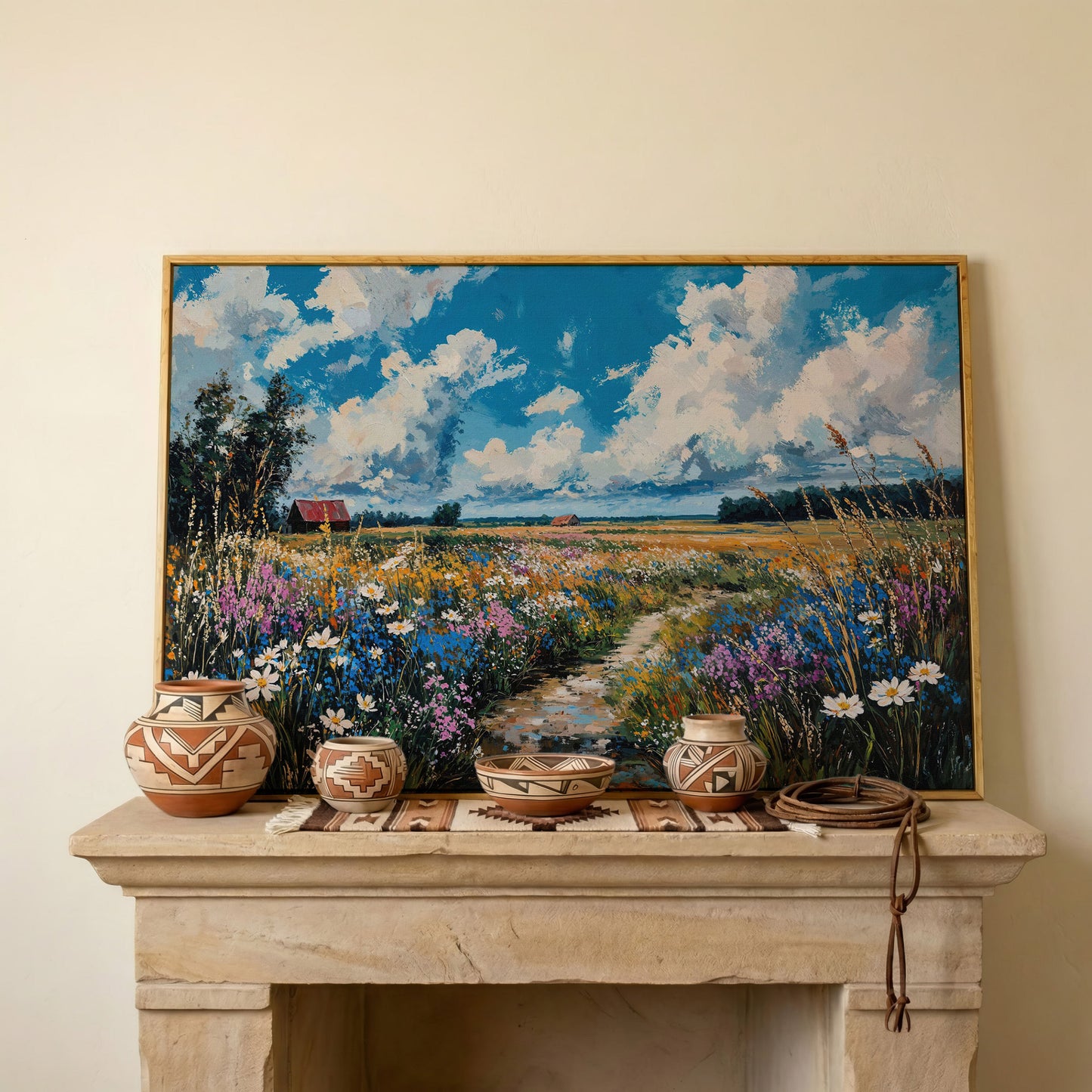Wildflower Field Canvas with Cerulean Sky in white oak floating frame