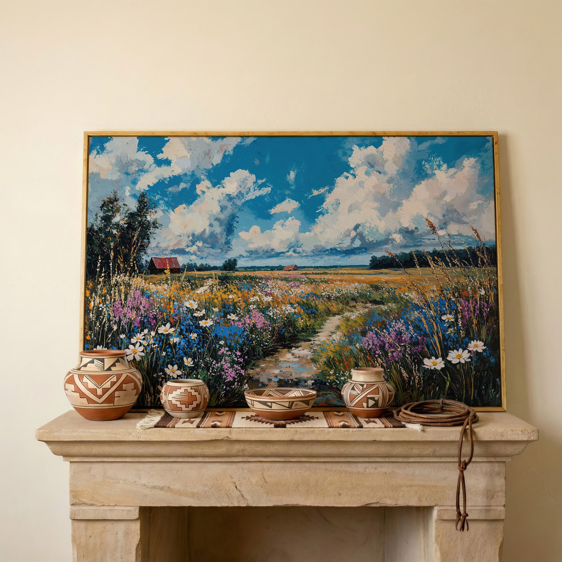 Wildflower Field Canvas with Cerulean Sky in white oak floating frame