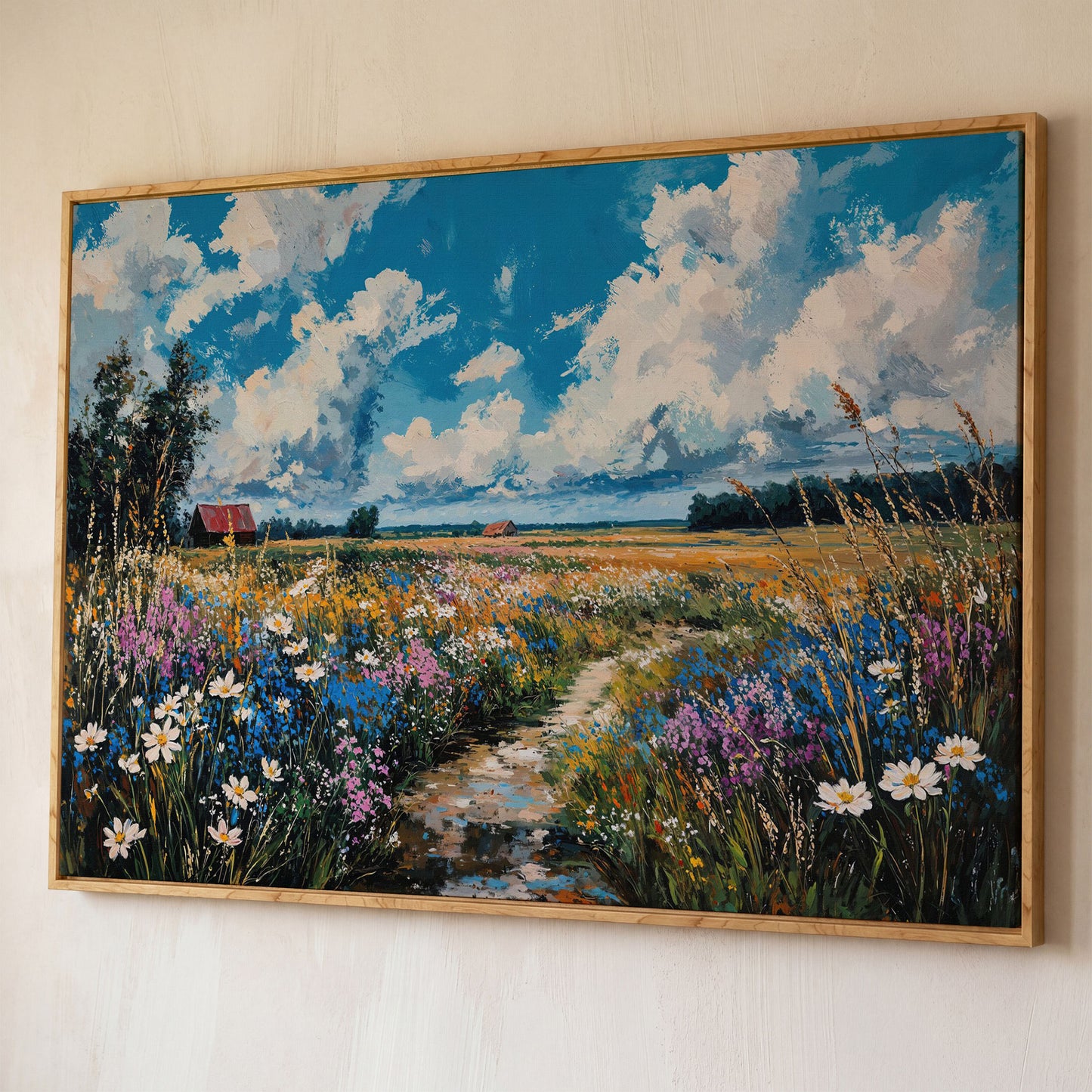 Wildflower Field Canvas with Cerulean Sky shown in white oak floating frame