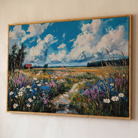 Wildflower Field Canvas with Cerulean Sky shown in white oak floating frame