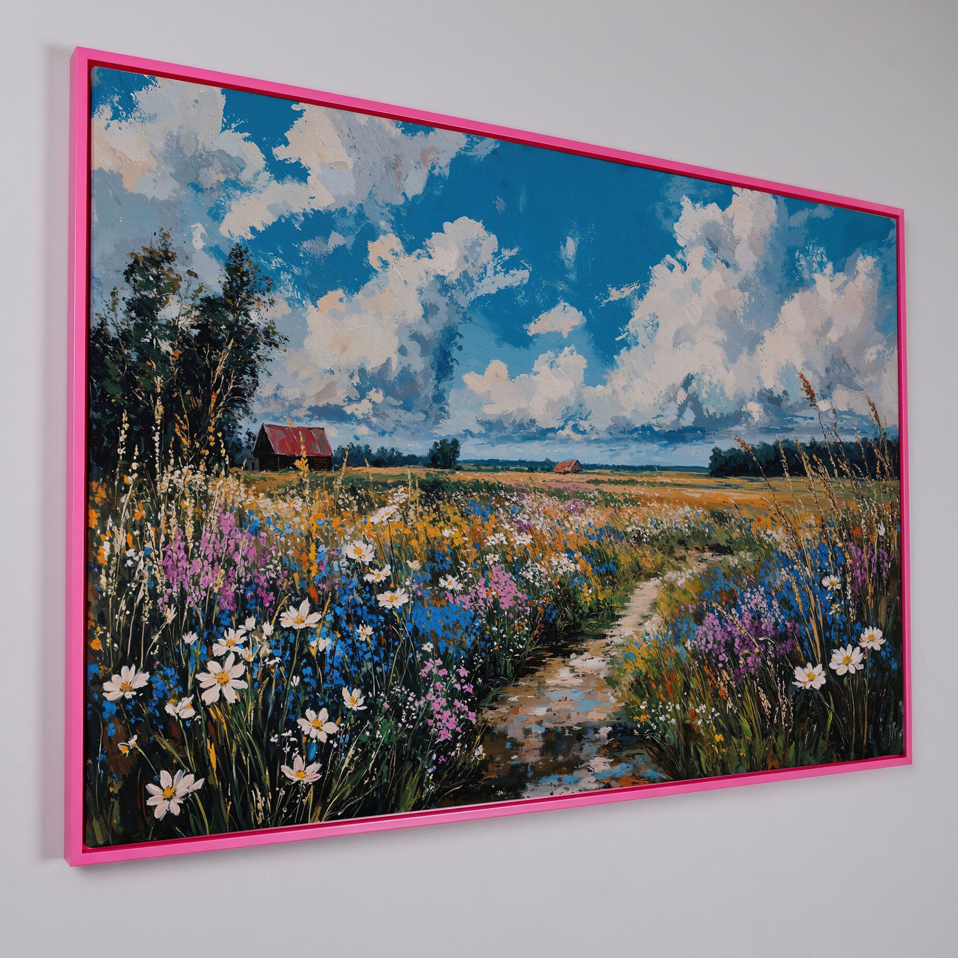 Wildflower Field Canvas with Cerulean Sky in pink floating frame